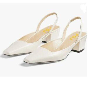 FSJ White Retro Square Toe Slingback Sandals Comfortable Low Block Heel Shoes